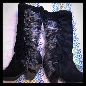 Black suede fringe tall boots